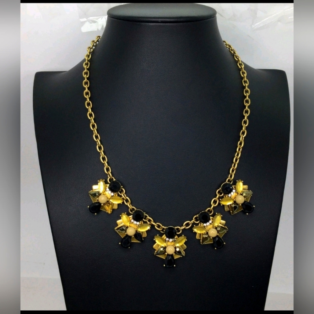 J. Crew Black & Yellow Rhinestone Statement Necklace 17"